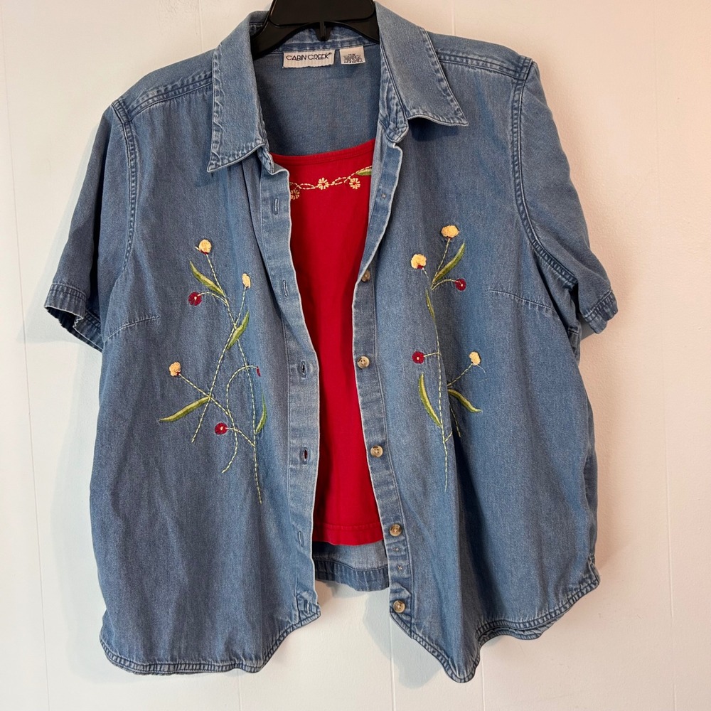 Cabin Creek Womens 16W Embroidered Denim Shirt and Red Tank Top Set Blue Floral